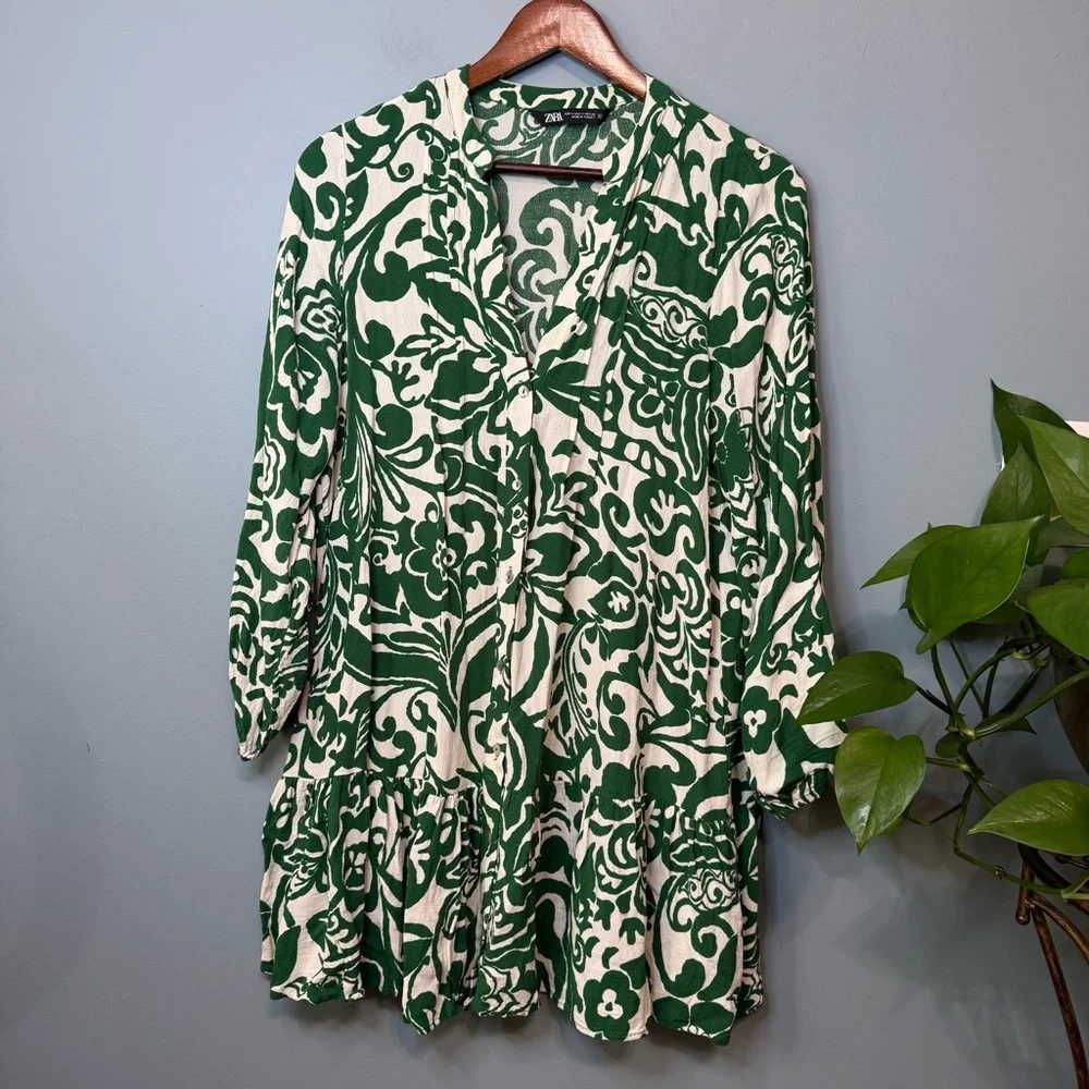 Zara Basic Printed Tunic Mini Dress in Green/Ecru. EUC. Small - Picture 2 of 11
